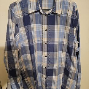 Alfred Dunner Blue and Cream Plaid Womens Button Up Shirt
